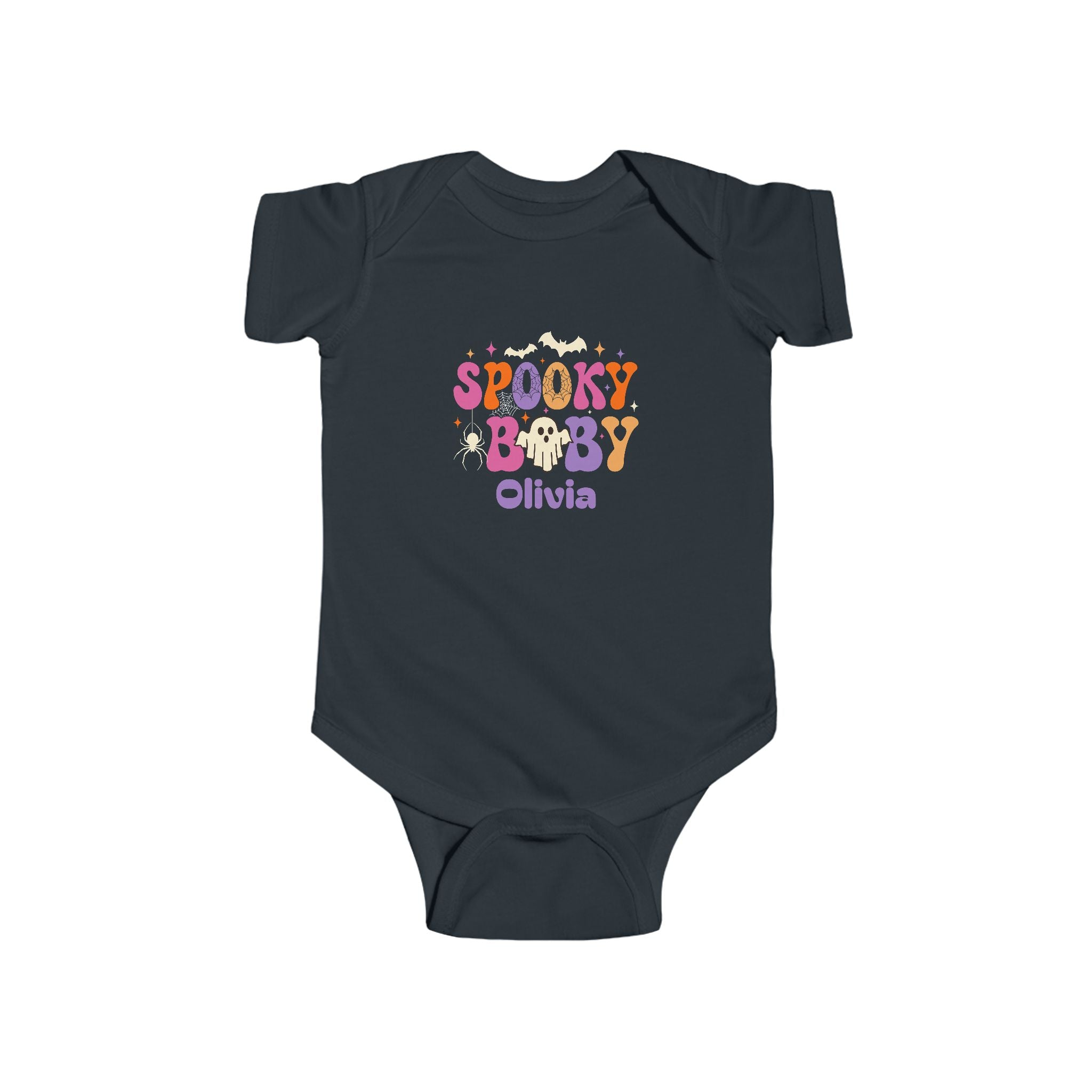 Spooky Baby Halloween onesie detail - retro groovy ghost design personalized halloween baby gift with custom purple name