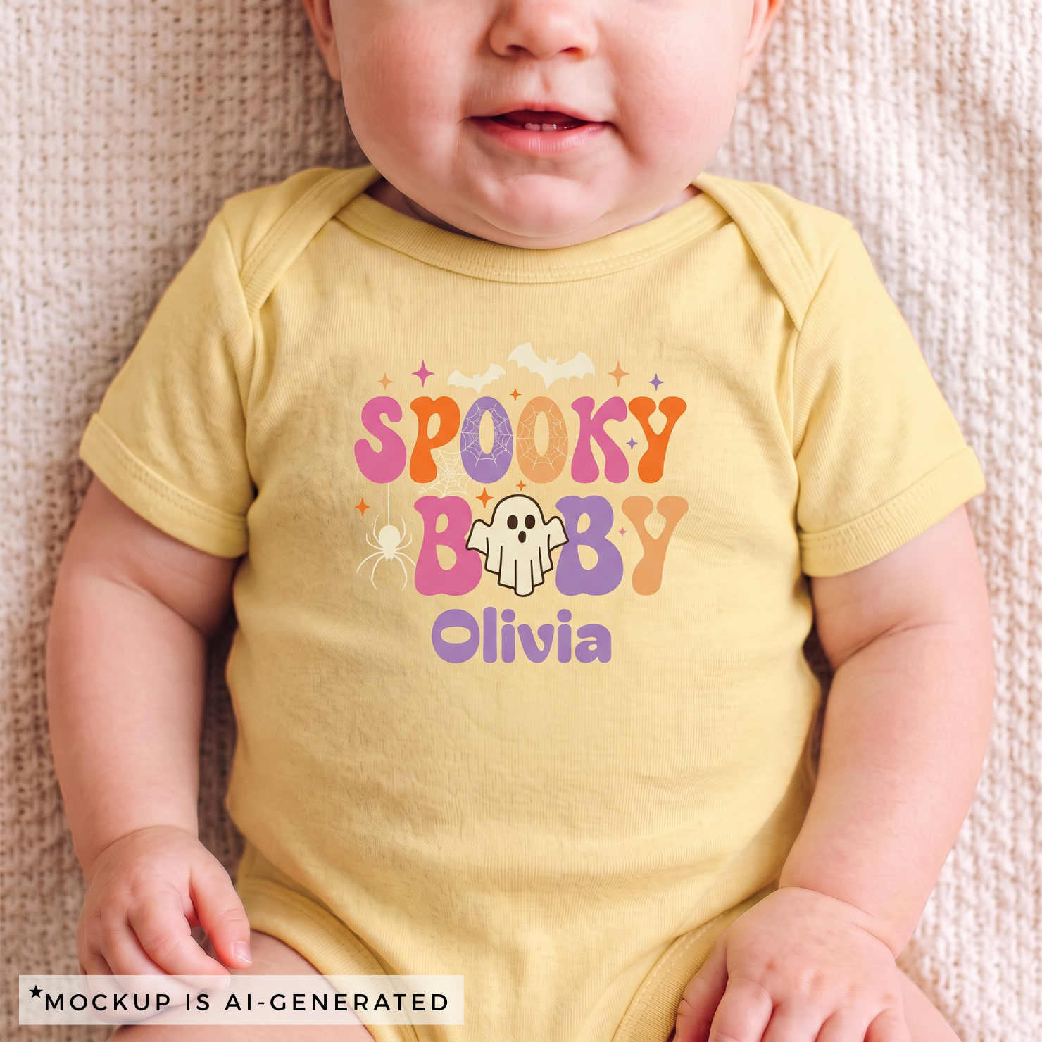 Spooky Baby Halloween onesie flat lay - retro pink purple orange ghost design with custom baby name in purple