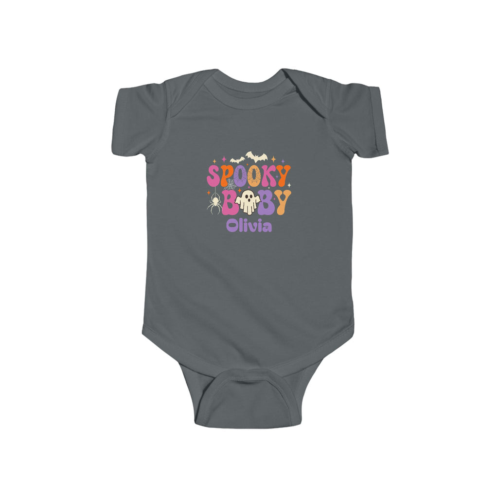 Spooky Baby Halloween onesie in heather - personalized baby halloween gift with pink purple orange ghost design