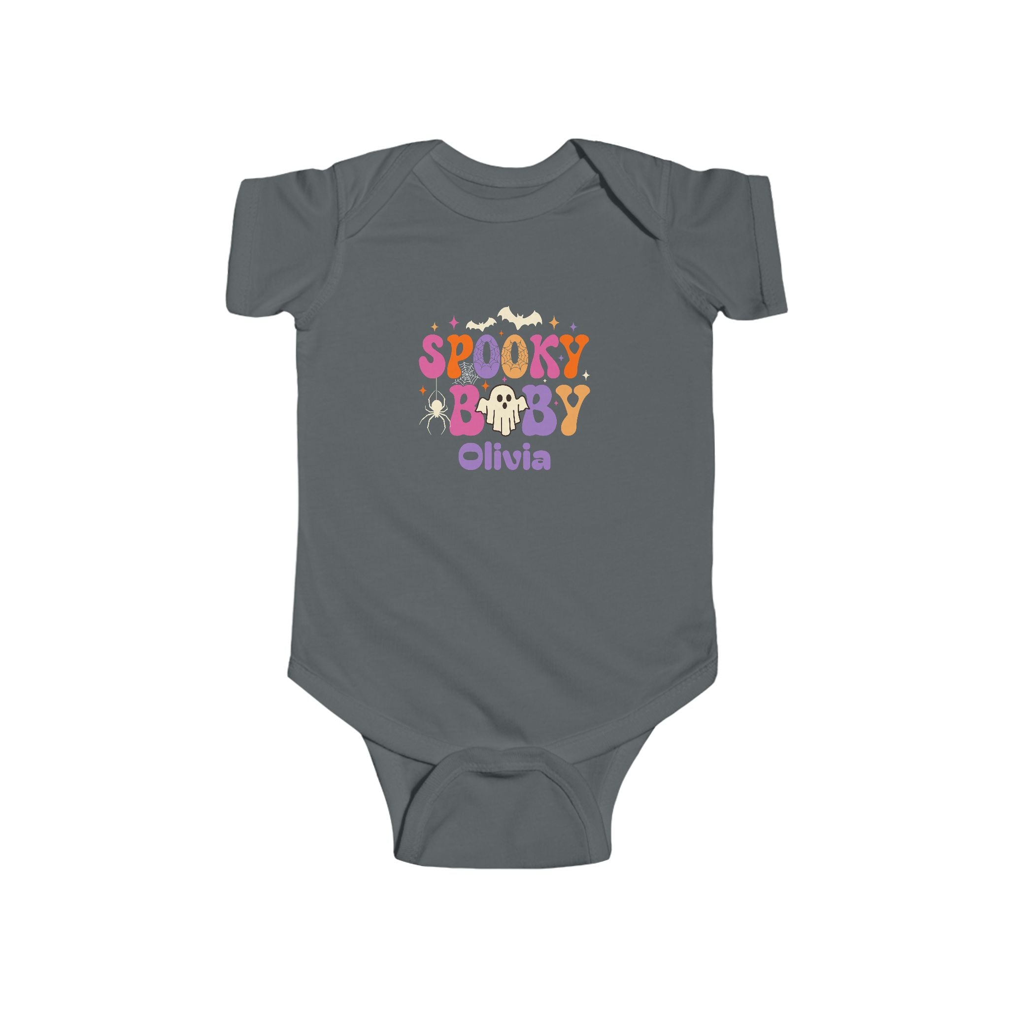 Spooky Baby Halloween onesie in heather - personalized baby halloween gift with pink purple orange ghost design