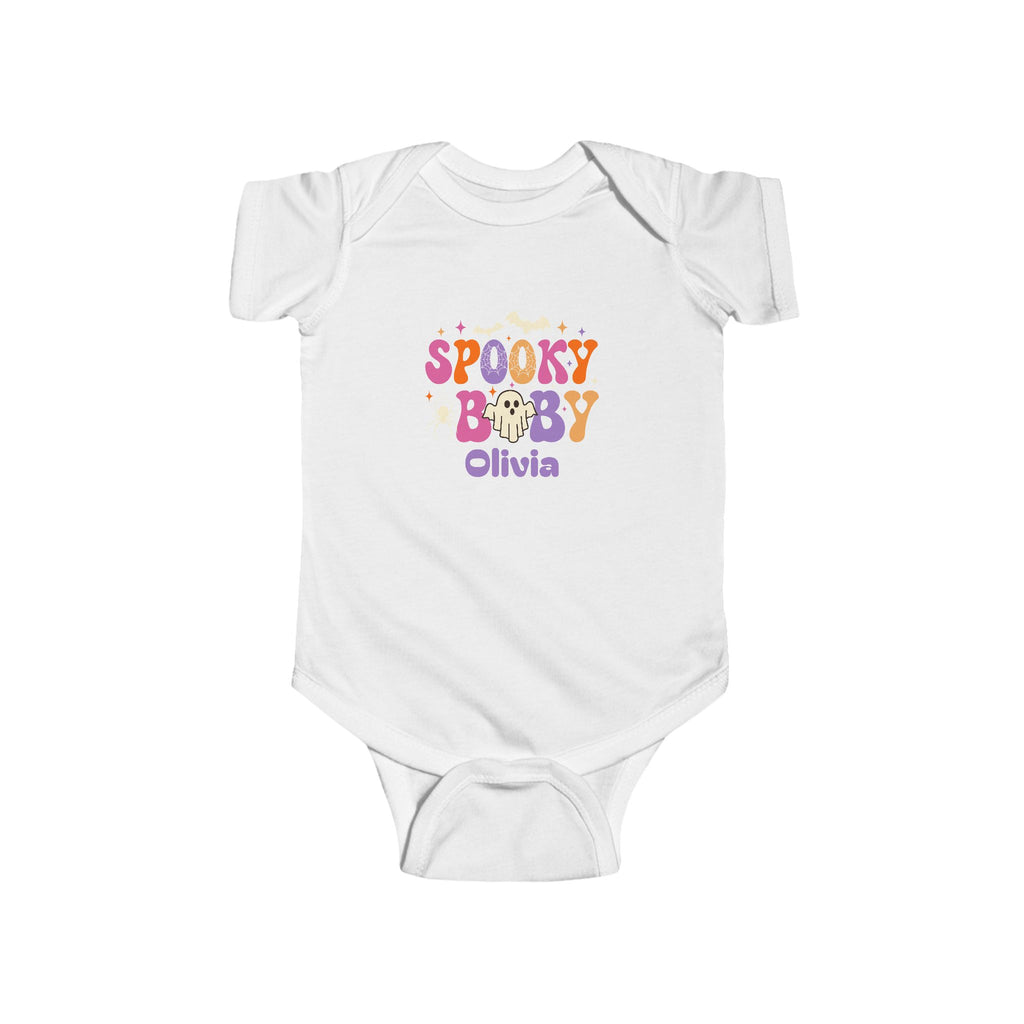 Spooky Baby Halloween onesie lifestyle - baby wearing retro groovy halloween bodysuit with custom name