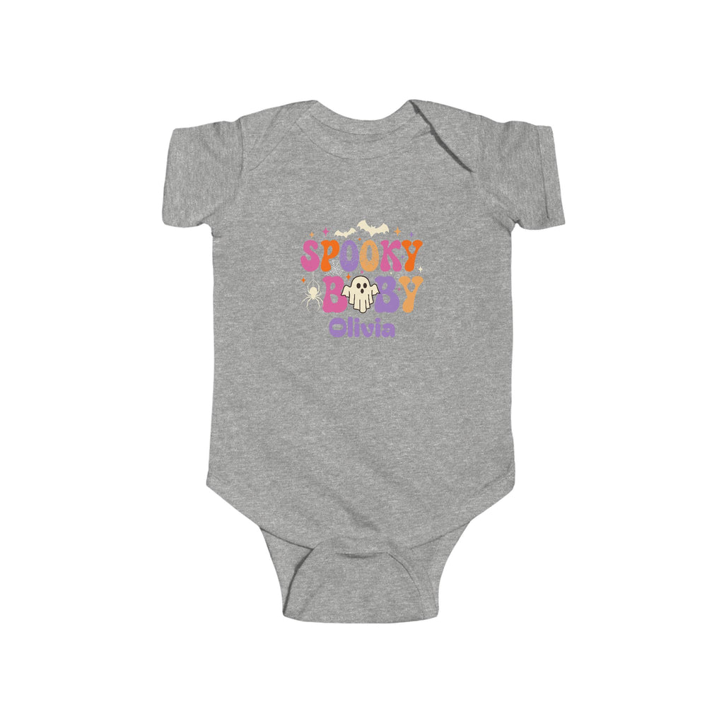 Spooky Baby personalized baby bodysuit size guide - available in NB 6M 12M 18M and 24M in multiple colors