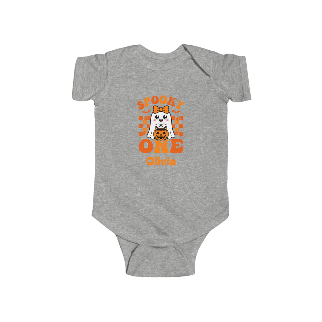 Spooky One onesie in light blue - personalized Halloween birthday baby bodysuit with orange retro design