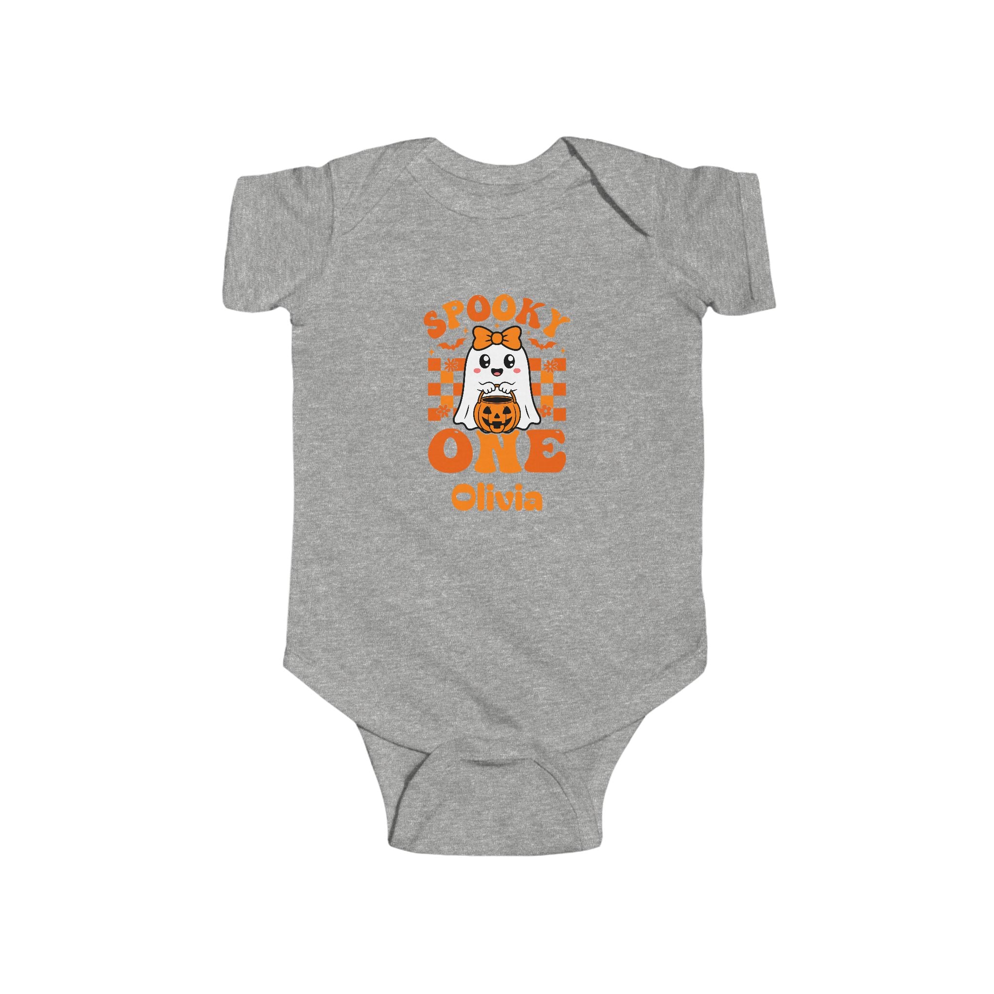 Spooky One onesie in light blue - personalized Halloween birthday baby bodysuit with orange retro design
