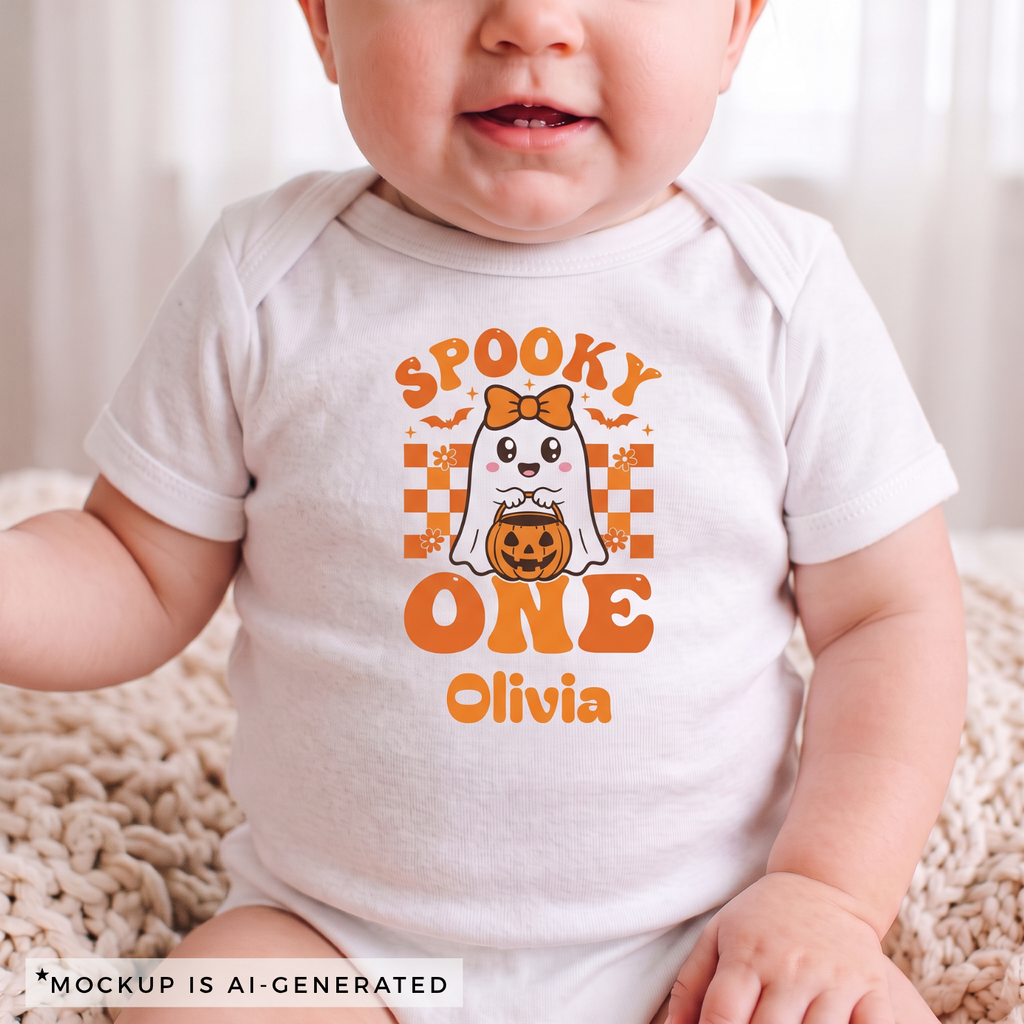 Close-up of Spooky One onesie design - kawaii ghost with orange bow pumpkin candy bucket checkered background and personalized name