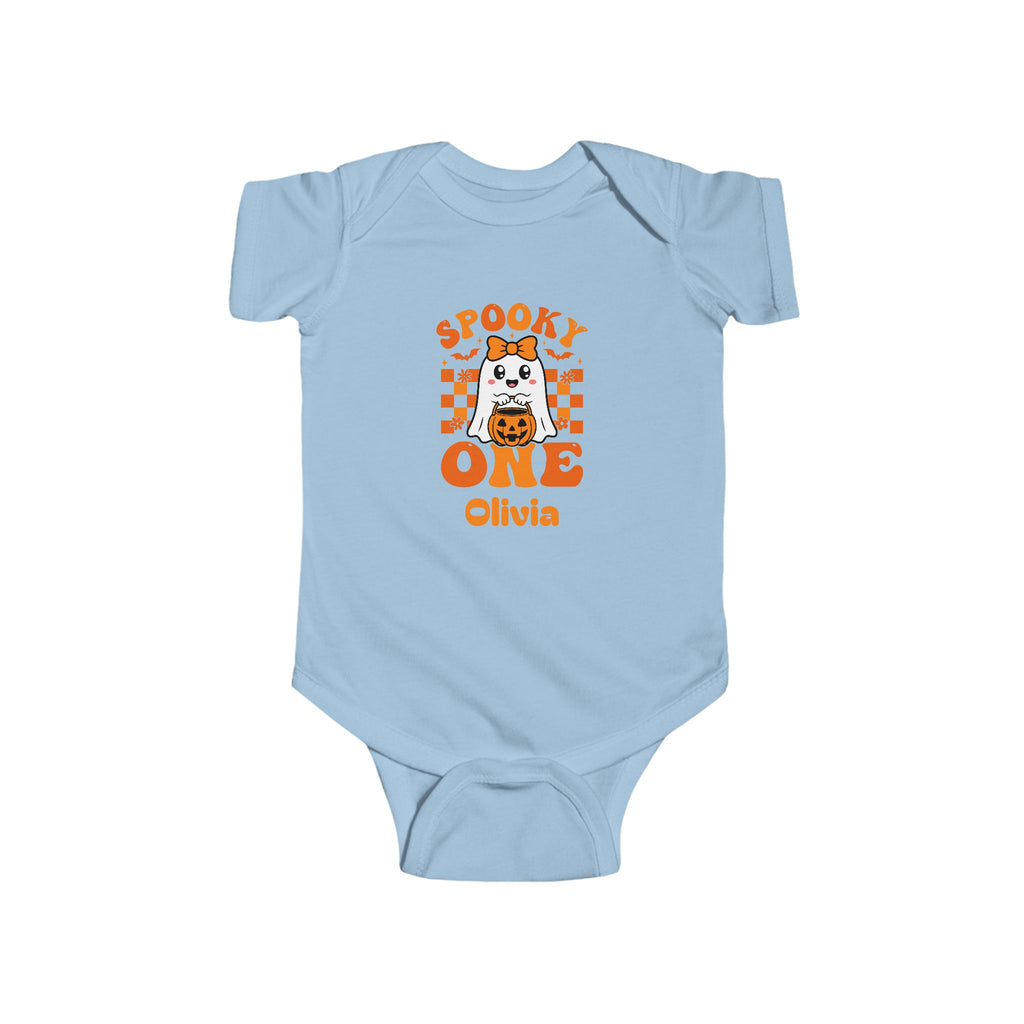 Spooky One Halloween birthday onesie detail - retro ghost bow design personalized first birthday Halloween baby gift