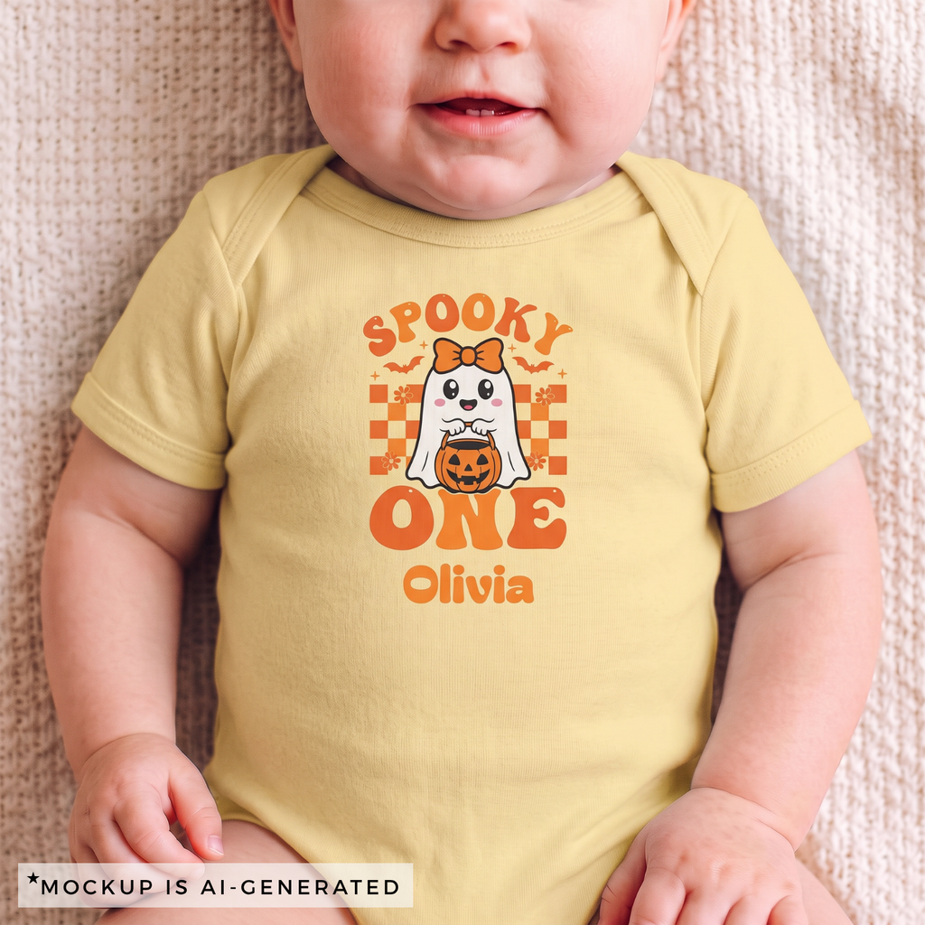 Spooky One Halloween onesie flat lay - orange retro ghost birthday design with custom name in orange