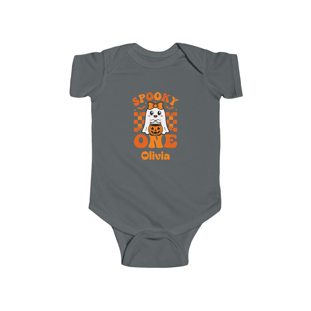 Spooky One Halloween birthday onesie in heather - personalized first birthday Halloween baby gift