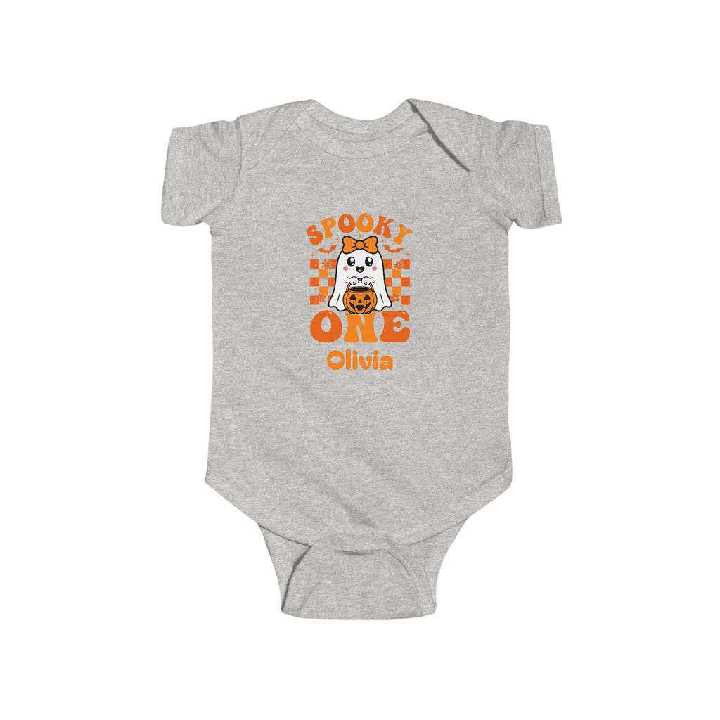 Spooky One onesie in pink - personalized Halloween first birthday baby bodysuit with orange ghost design
