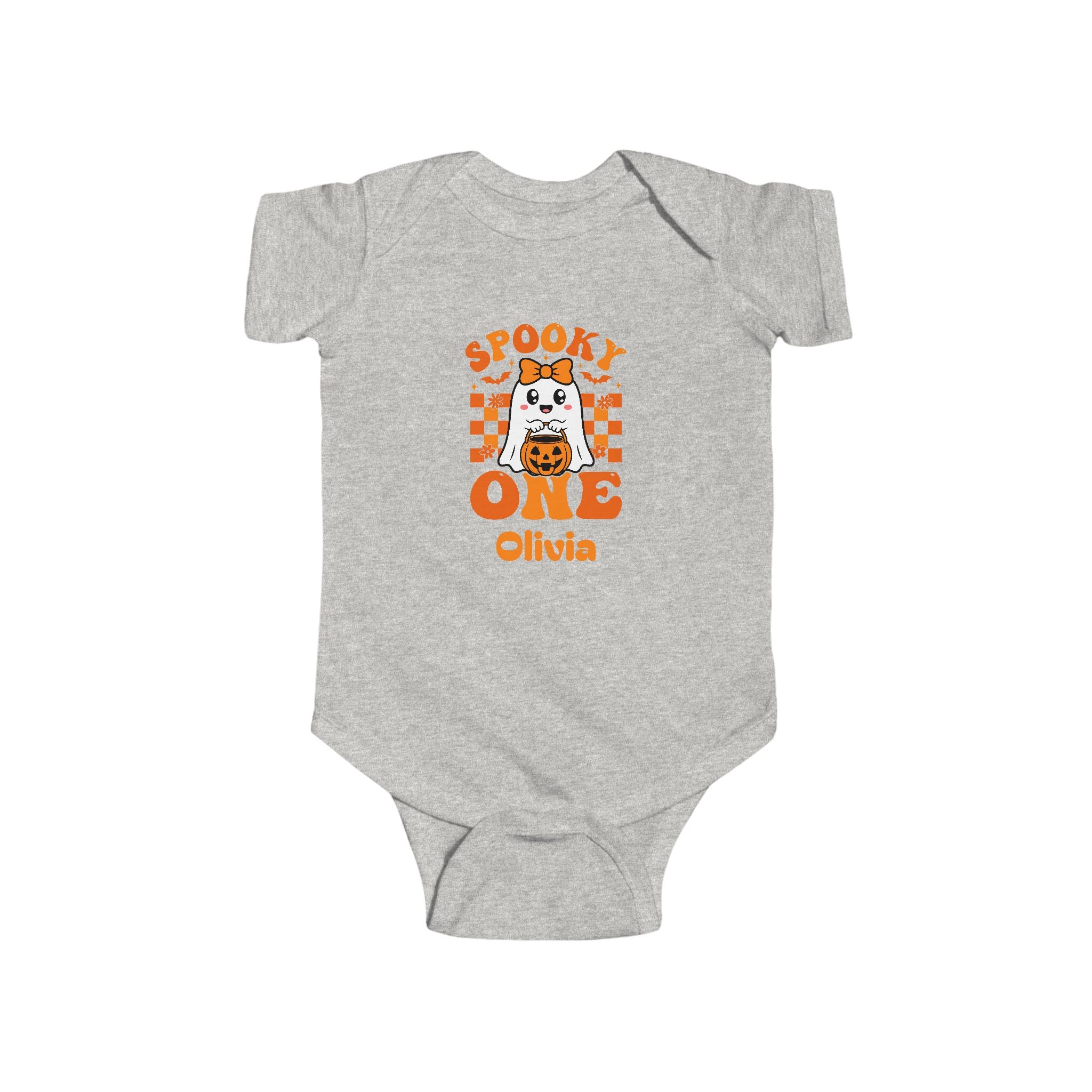 Spooky One onesie in pink - personalized Halloween first birthday baby bodysuit with orange ghost design