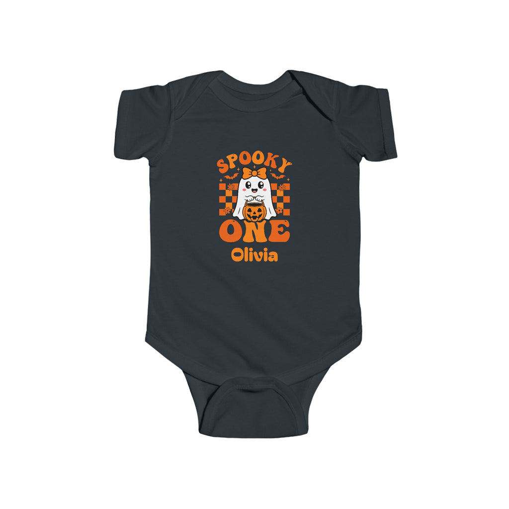 Spooky One personalized baby bodysuit size guide - available in NB 6M 12M 18M and 24M in multiple colors