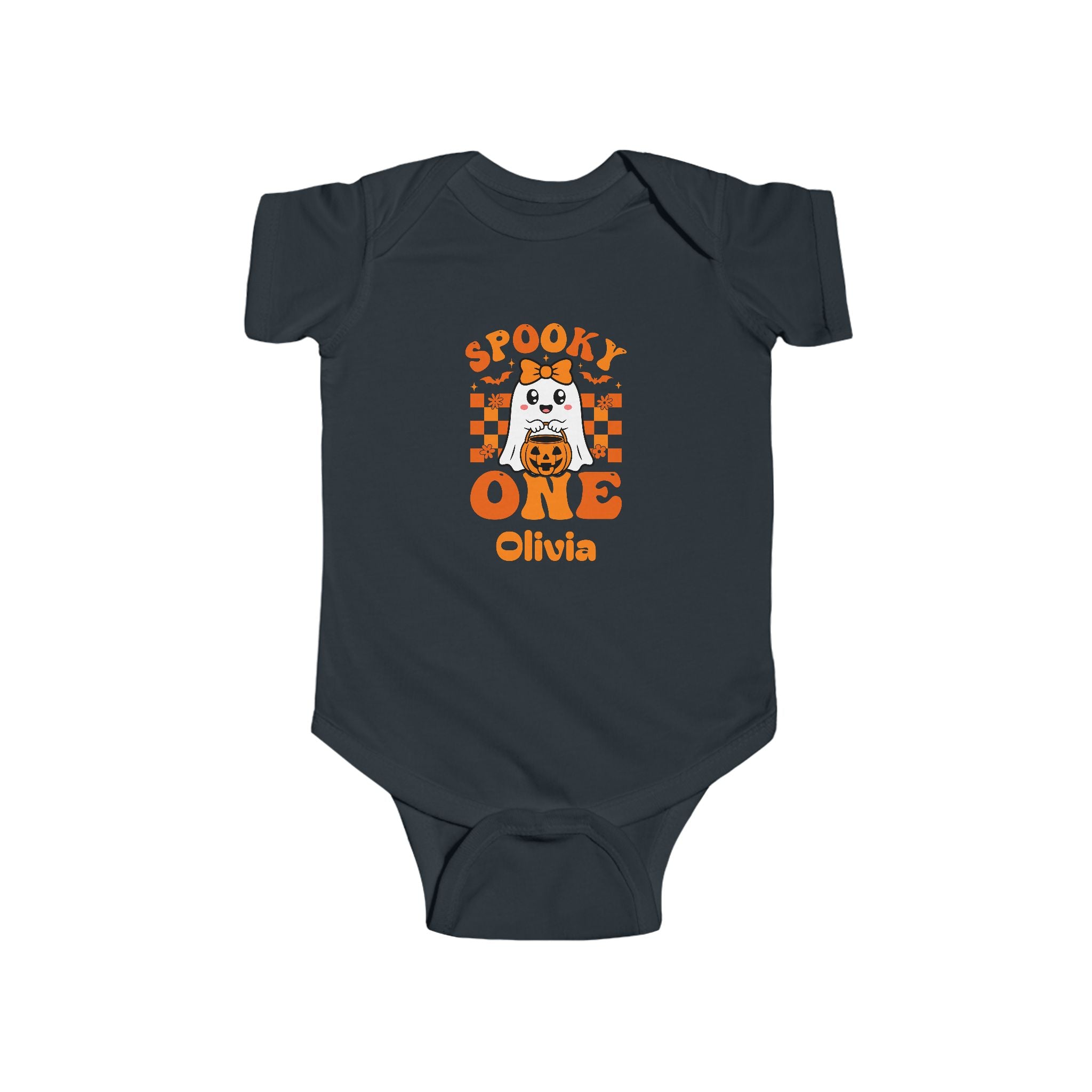 Spooky One personalized baby bodysuit size guide - available in NB 6M 12M 18M and 24M in multiple colors