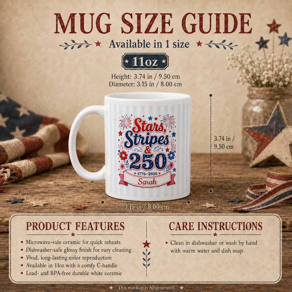 Personalized Stars Stripes and 250 4th of July gift mug - blue striped ceramic with bold red white blue typography and custom name