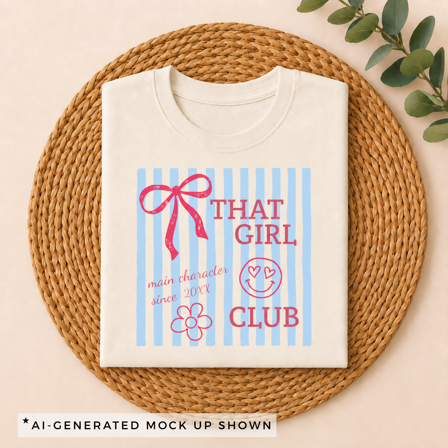 That Girl Club kids shirt flat lay — white with blue stripes and red coquette design