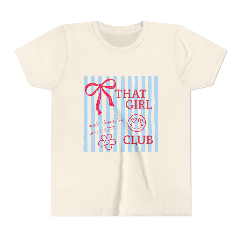 That Girl Club kids shirt white with blue stripes, red text, bow and smiley — personalized year front print