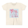 That Girl Club kids shirt white with blue stripes, red text, bow and smiley — personalized year front print
