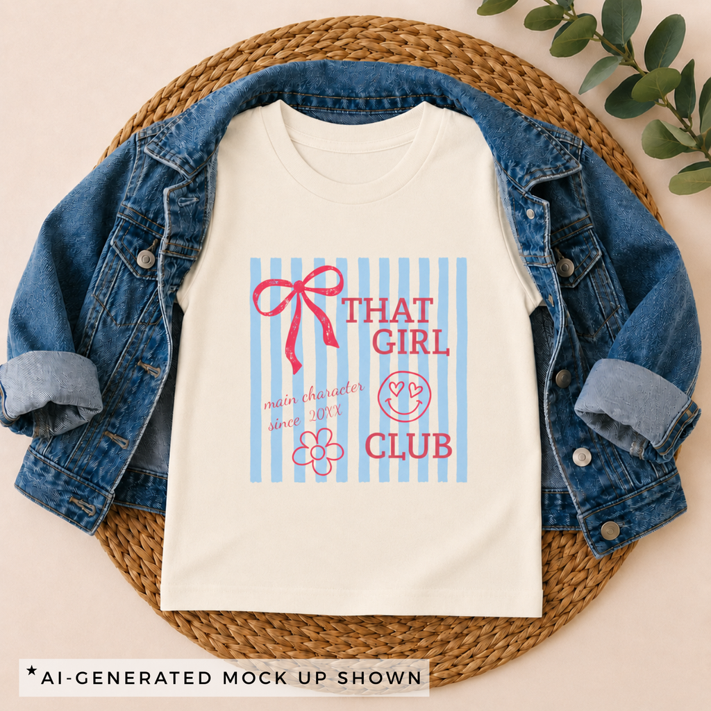 That Girl Club youth tee in natural color with blue stripe and personalized year