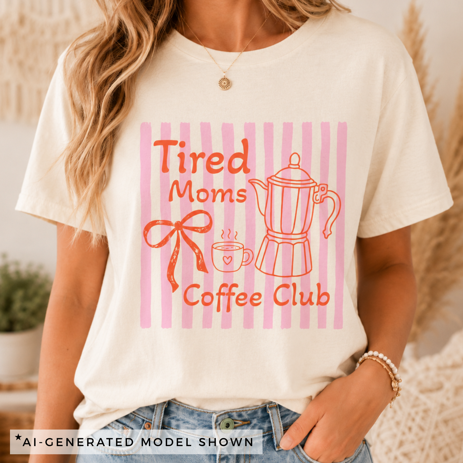 Close-up of Tired Moms Coffee Club graphic with bow, coffee cup and moka pot on ivory tee