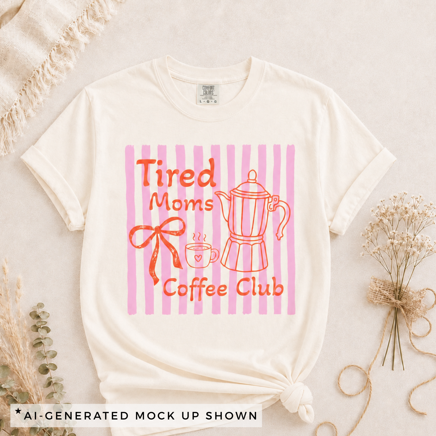 Tired Moms Coffee Club tee flat lay — coquette design with moka pot and coffee cup details
