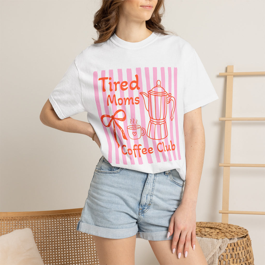 Tired Moms Coffee Club Comfort Colors tee worn casually — soft garment-dyed ivory
