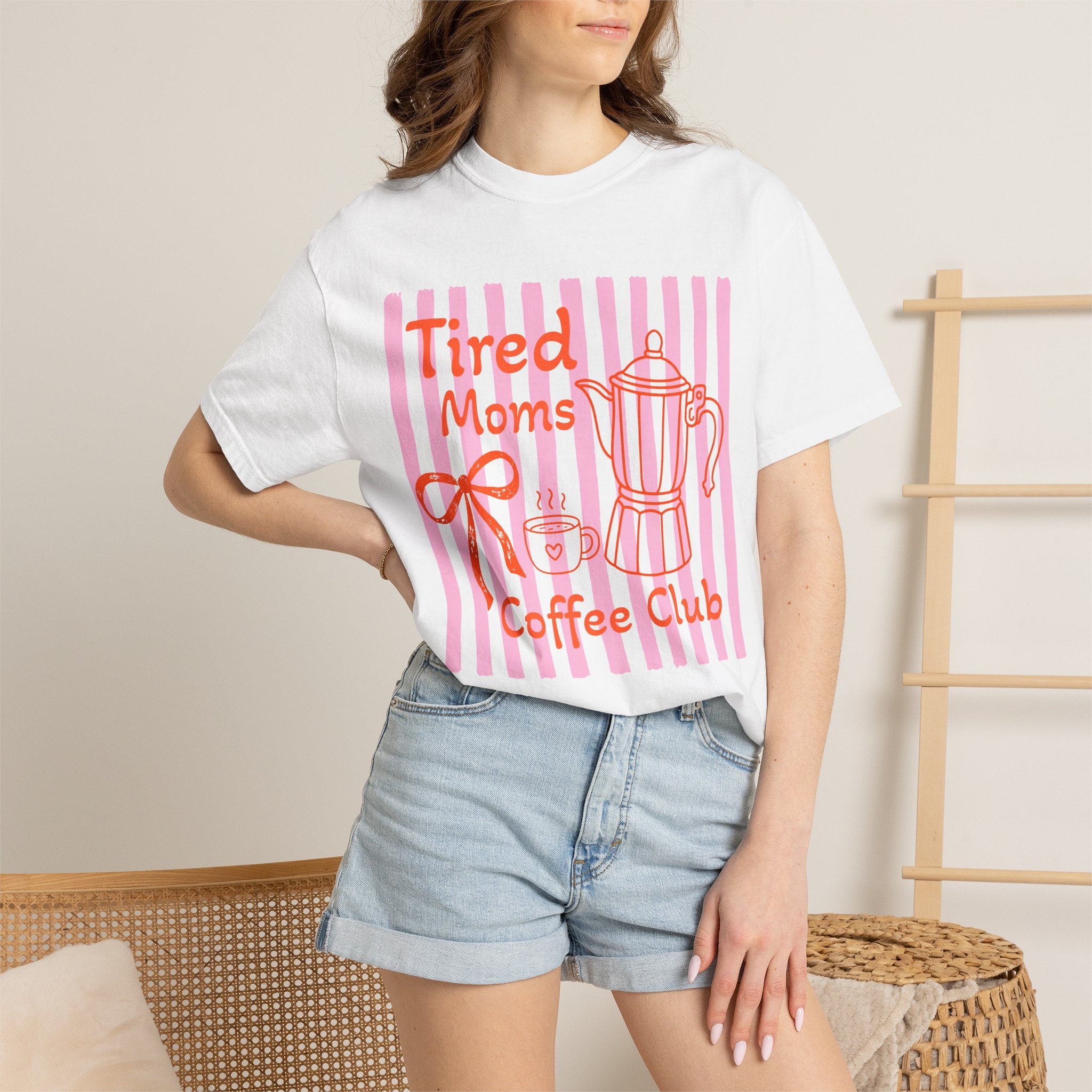 Tired Moms Coffee Club Comfort Colors tee worn casually — soft garment-dyed ivory