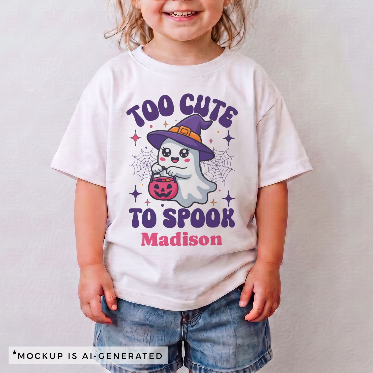 Close-up of Too Cute to Spook Halloween shirt design - kawaii ghost with witch hat rosy cheeks pink pumpkin candy and spiderwebs