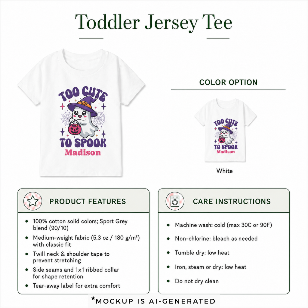 Personalized Too Cute to Spook Halloween toddler t-shirt detail - cute ghost witch design Halloween gift for girls with custom pink name
