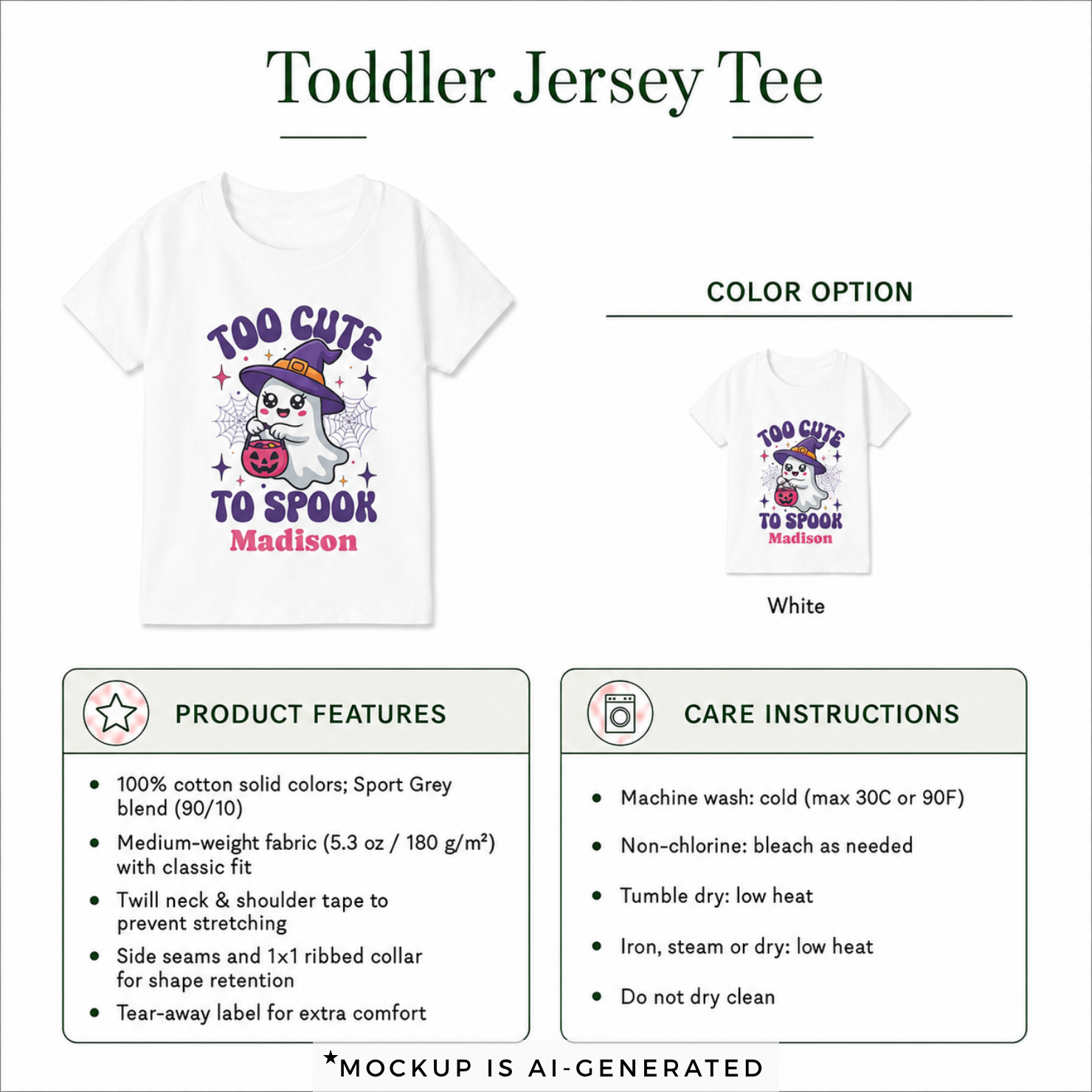 Personalized Too Cute to Spook Halloween toddler t-shirt detail - cute ghost witch design Halloween gift for girls with custom pink name
