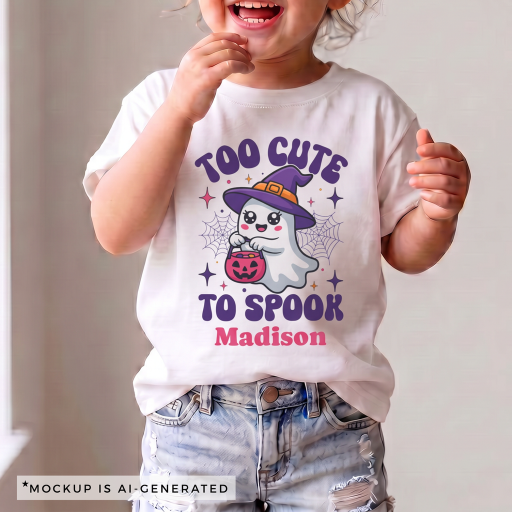 Too Cute to Spook Halloween shirt flat lay in white - cute ghost witch design with pink name and purple typography