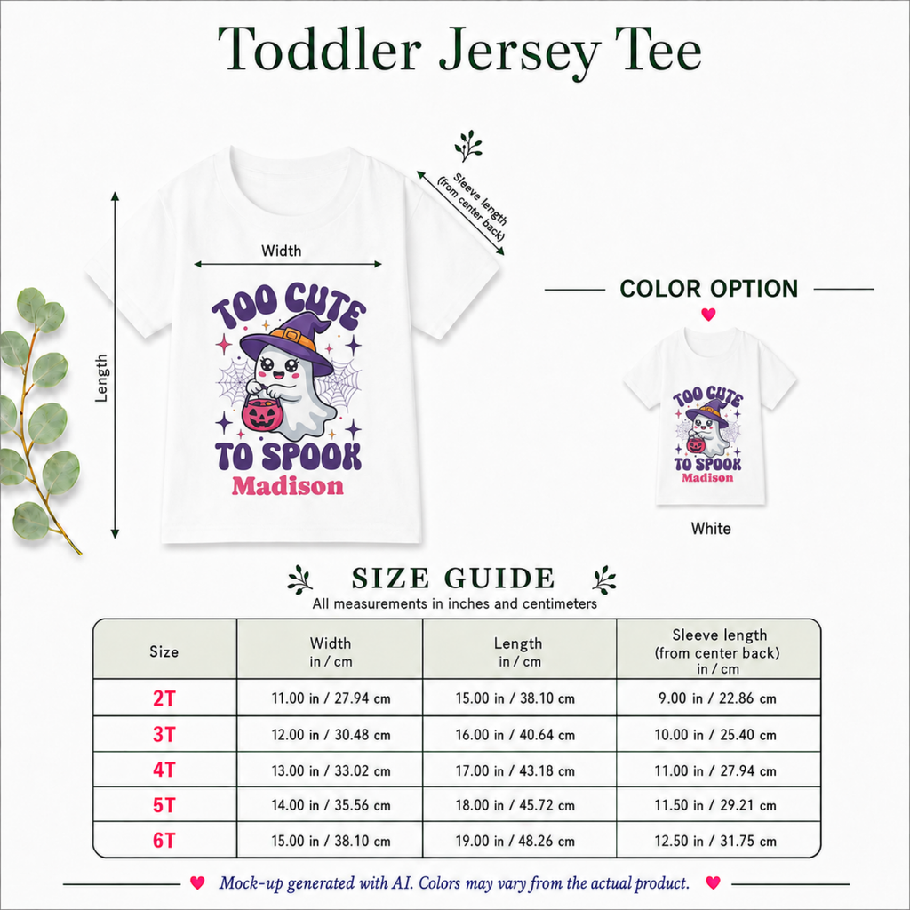 Too Cute to Spook Halloween shirt size guide - personalized toddler tee available in 2T 3T 4T 5T and 6T in white