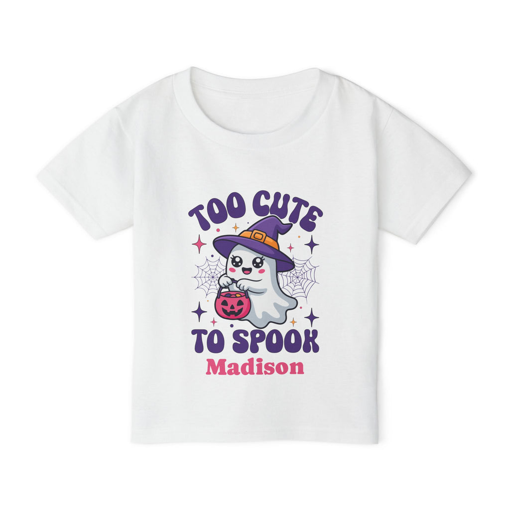 Too Cute to Spook personalized Halloween toddler shirt in white - kawaii ghost with purple witch hat pink pumpkin spiderweb sparkles and custom name