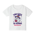 Too Cute to Spook personalized Halloween toddler shirt in white - kawaii ghost with purple witch hat pink pumpkin spiderweb sparkles and custom name