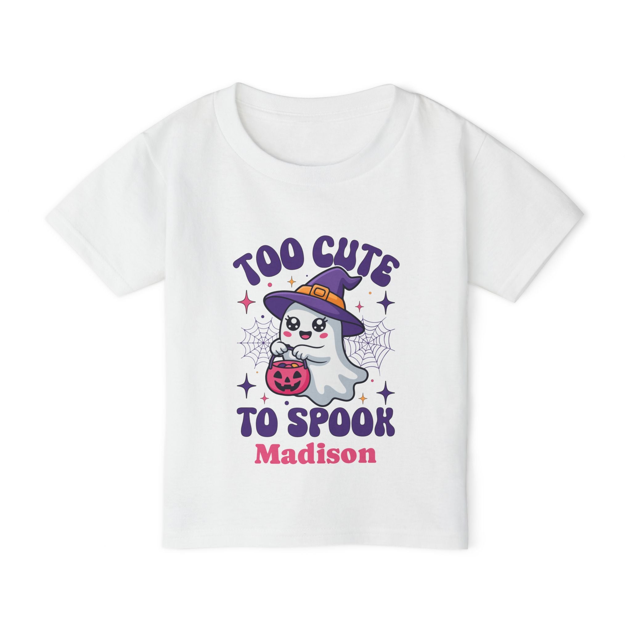 Too Cute to Spook personalized Halloween toddler shirt in white - kawaii ghost with purple witch hat pink pumpkin spiderweb sparkles and custom name
