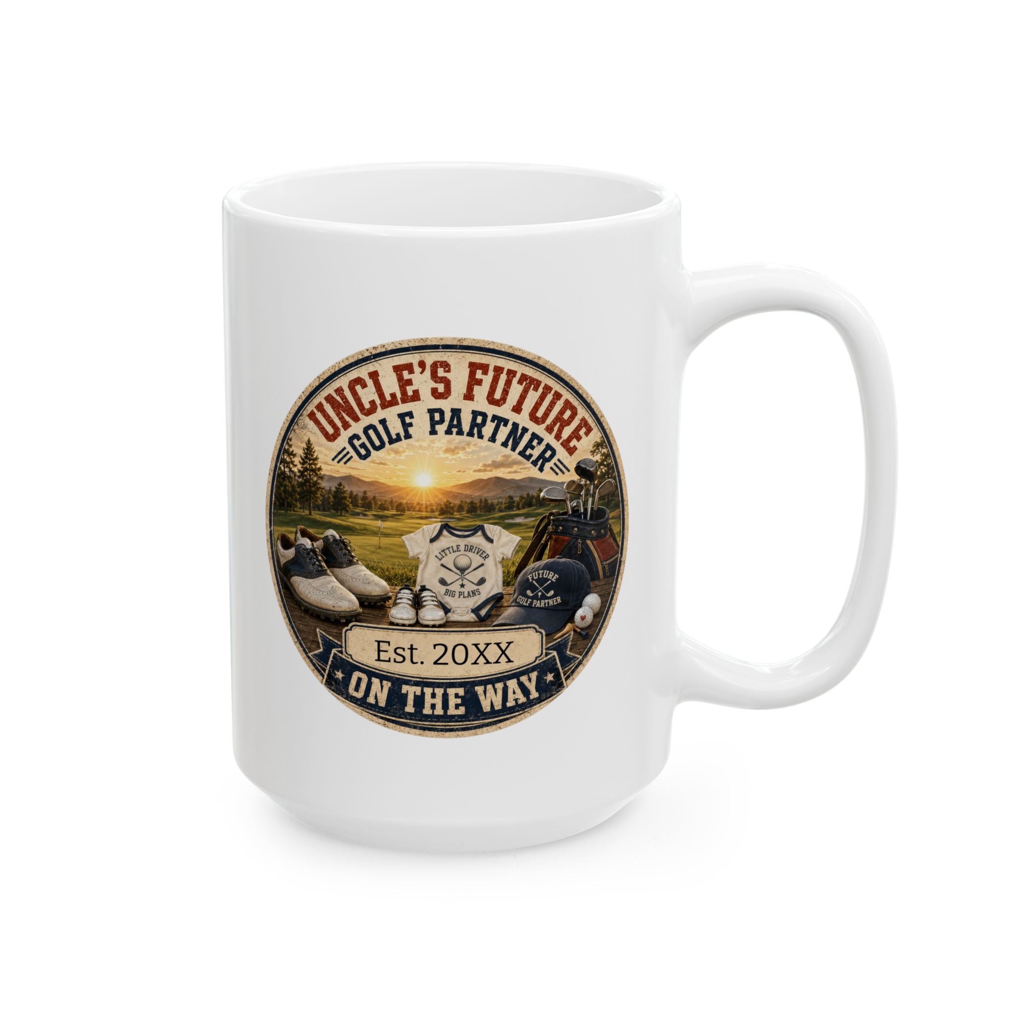 Personalized pregnancy announcement mug for golf loving uncle - 15oz white ceramic with vintage badge design