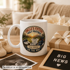Close-up of Uncle Future Golf Partner mug badge - vintage golf scene with baby onesie golf shoes and cap