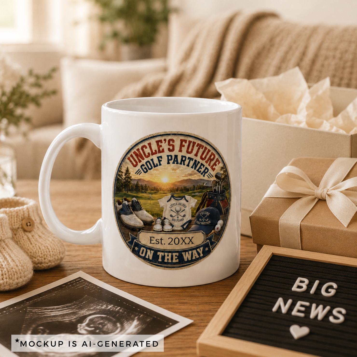 Close-up of Uncle Future Golf Partner mug badge - vintage golf scene with baby onesie golf shoes and cap