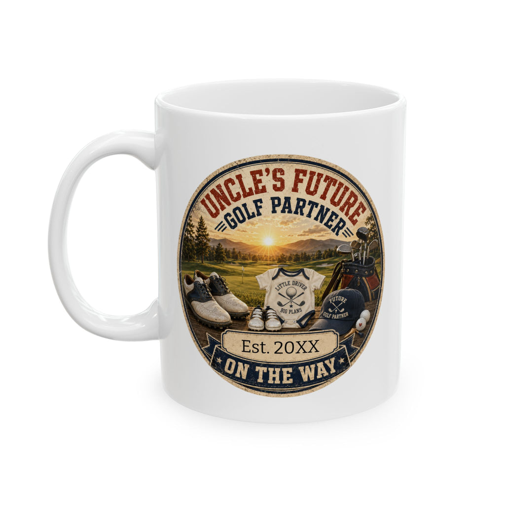 Pregnancy announcement mug for uncle who golfs - personalized with baby arrival year on white ceramic