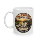 Pregnancy announcement mug for uncle who golfs - personalized with baby arrival year on white ceramic