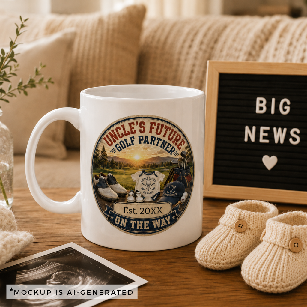 Pregnancy reveal mug for golf uncle - Est 20XX On The Way circular badge design on white ceramic