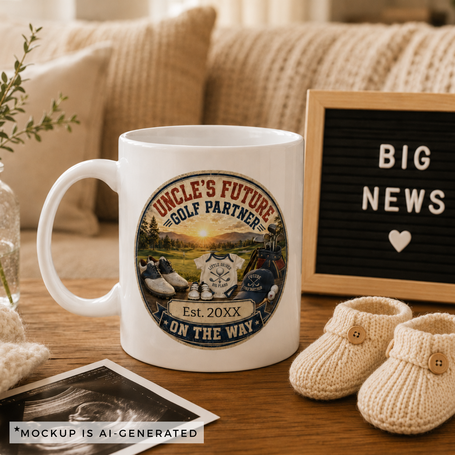 Pregnancy reveal mug for golf uncle - Est 20XX On The Way circular badge design on white ceramic