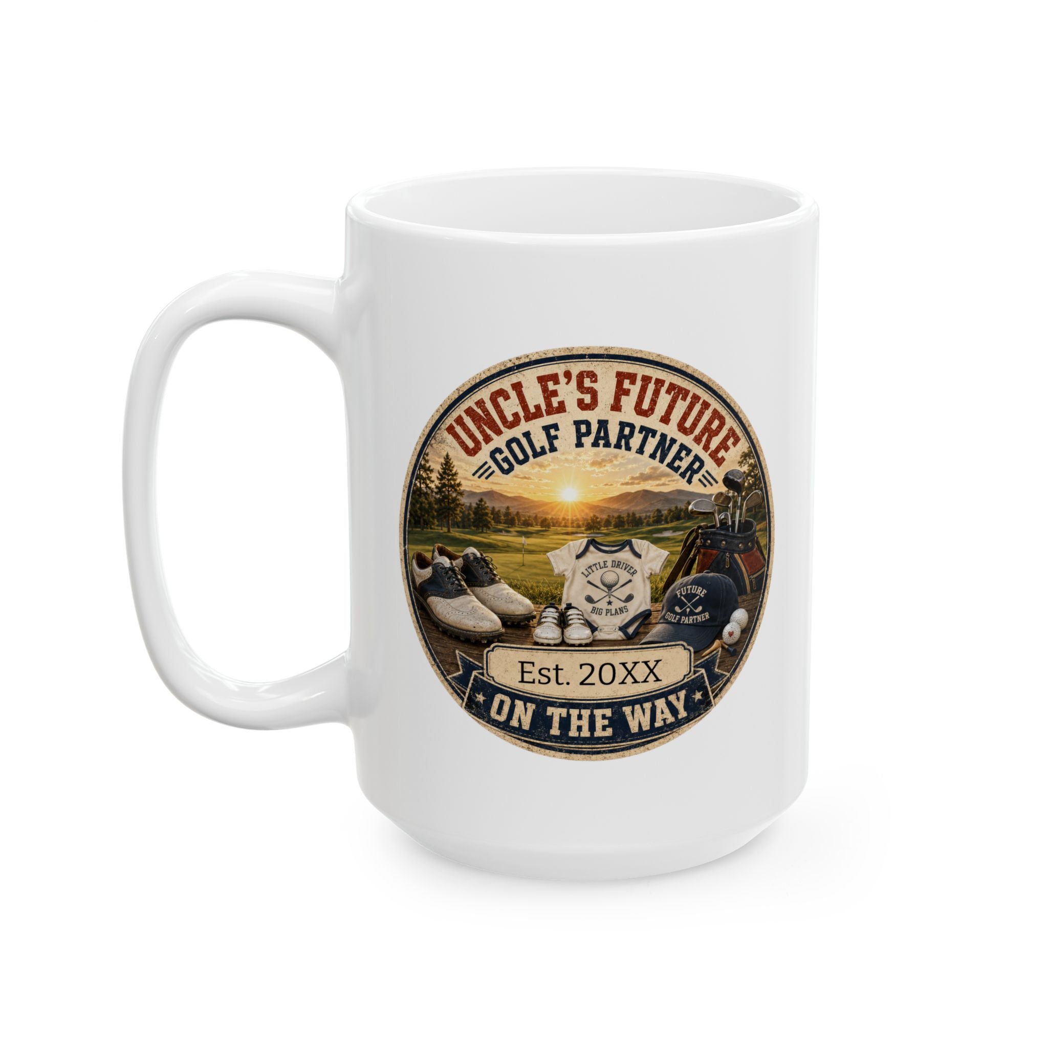 Uncle golf partner baby announcement mug in home setting - unique pregnancy reveal gift for golf uncle