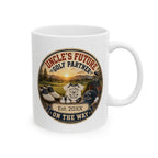 Uncles Future Golf Partner pregnancy announcement mug - vintage badge design with golf course sunset and baby onesie on white 11oz ceramic
