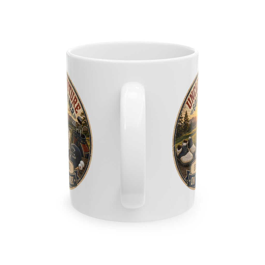 Future uncle mug pregnancy reveal gift - white ceramic with golf course illustration and baby announcement design