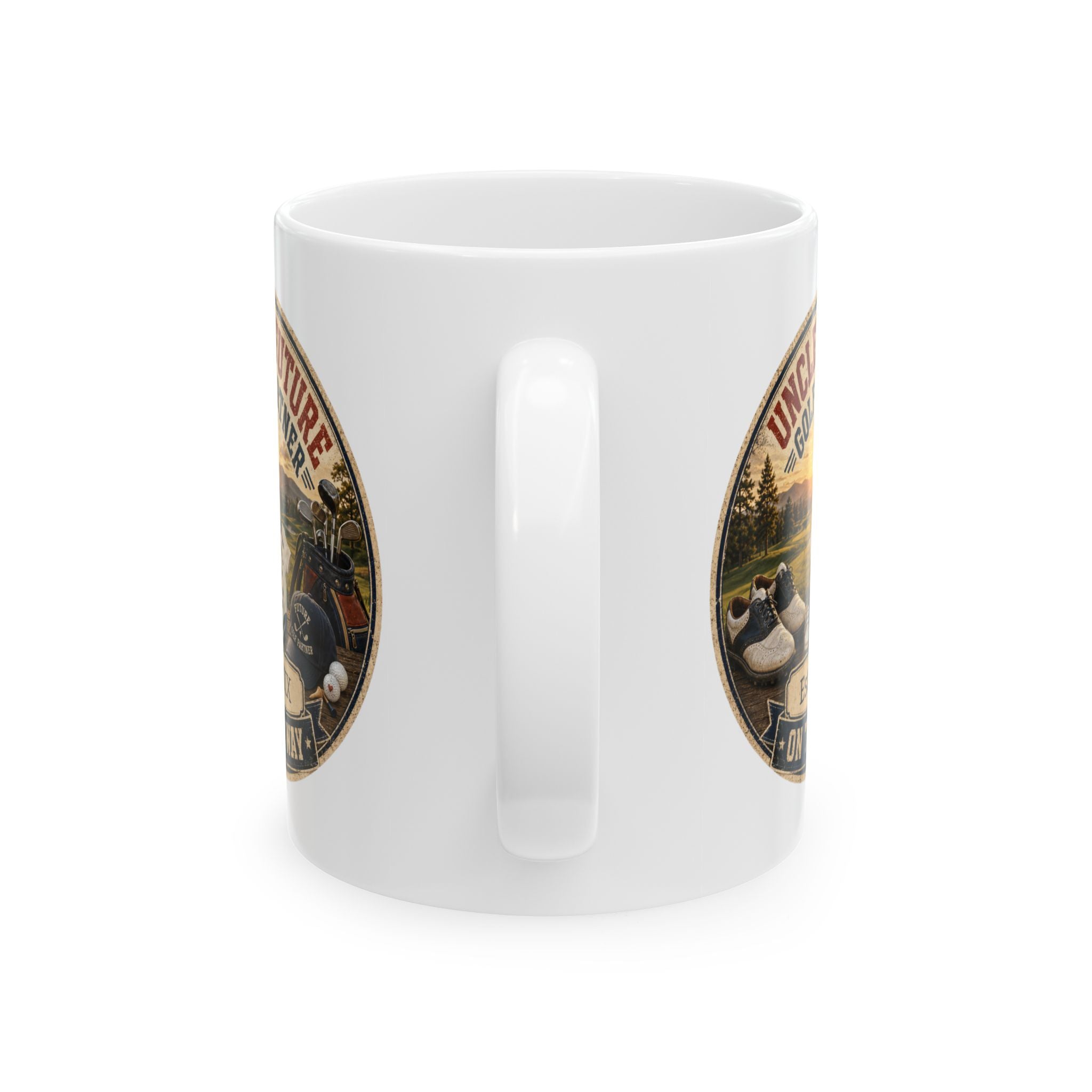 Future uncle mug pregnancy reveal gift - white ceramic with golf course illustration and baby announcement design