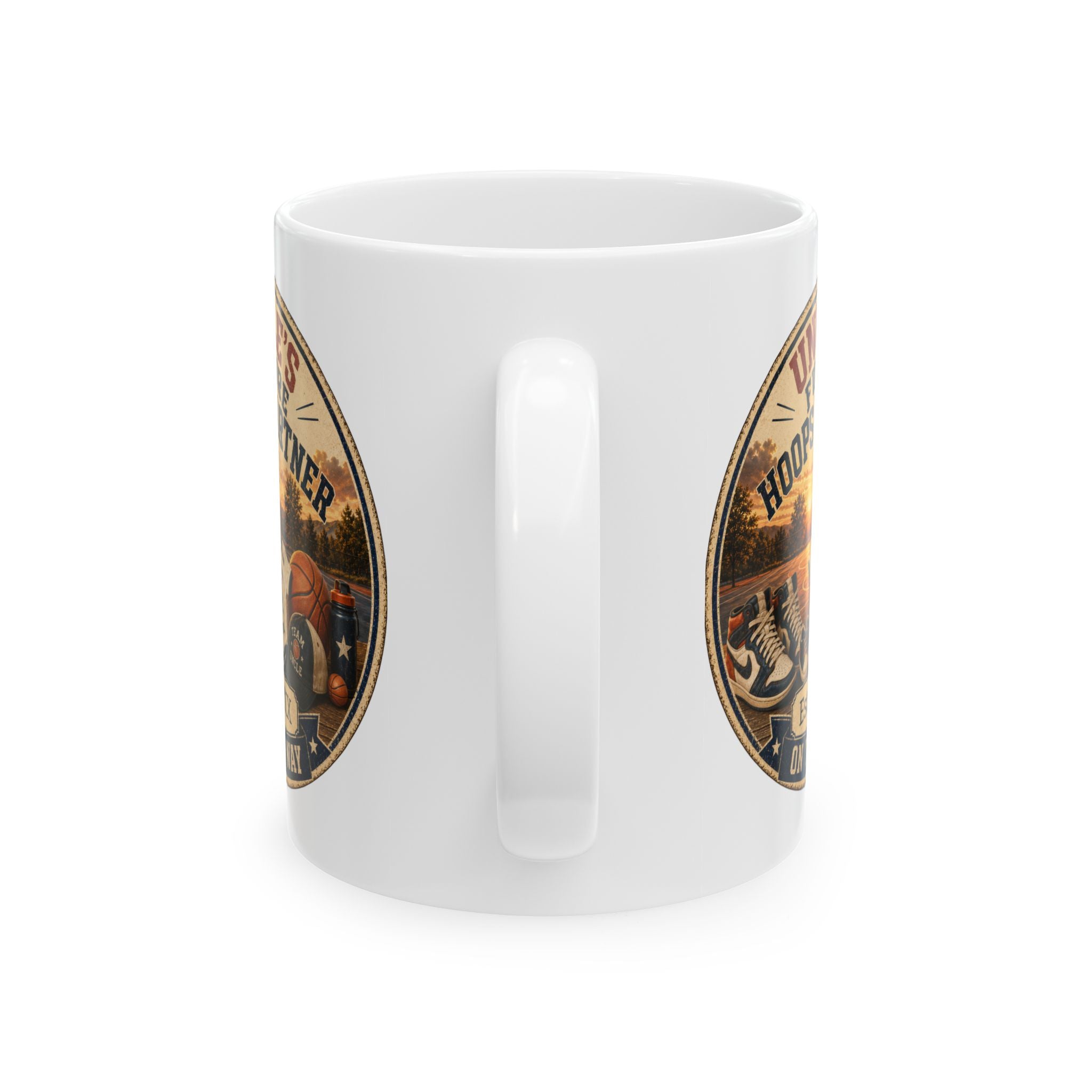 Basketball uncle gift mug 11oz - vintage badge pregnancy reveal with Est 20XX and On The Way banner