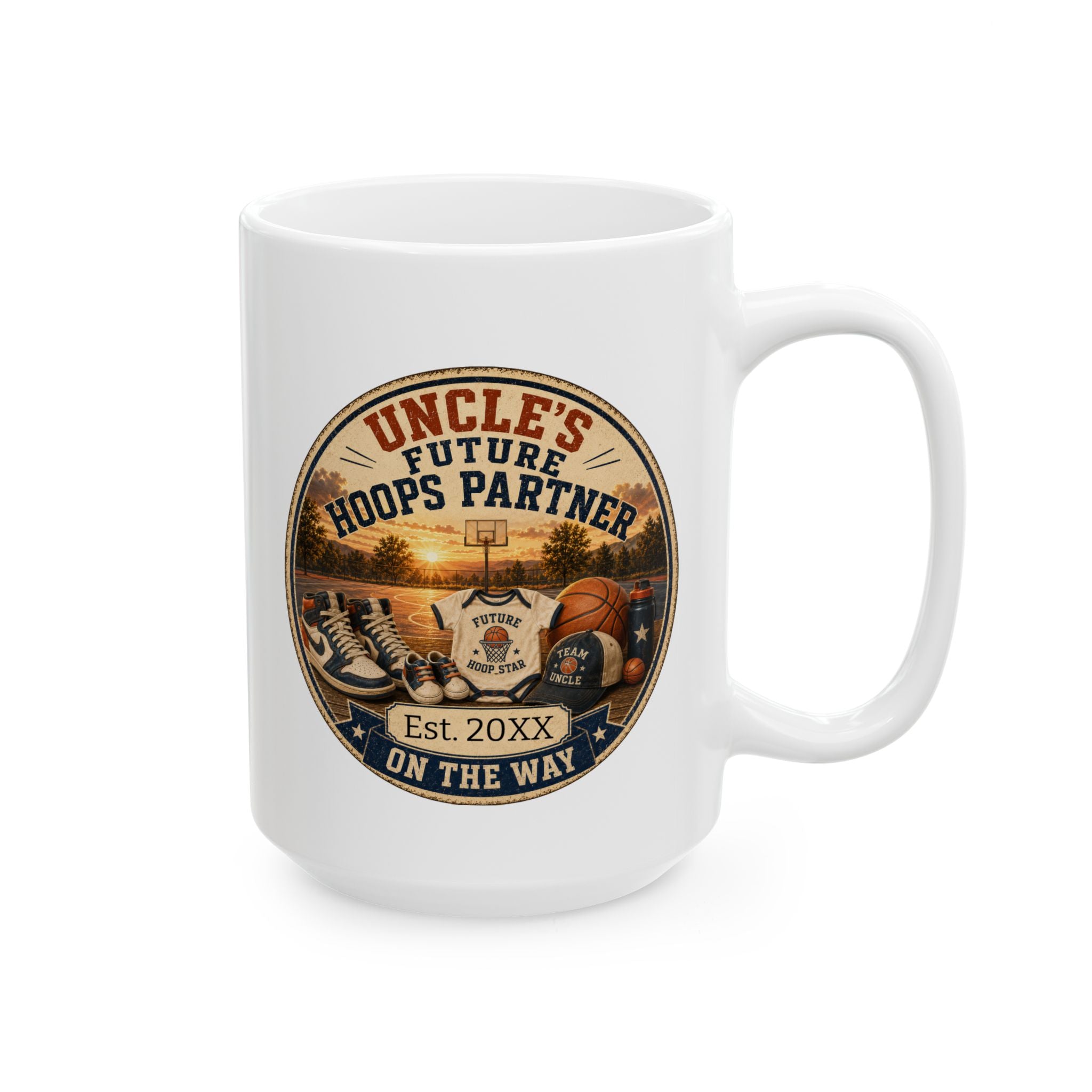 Personalized pregnancy announcement mug for basketball uncle - 15oz white ceramic with vintage badge design