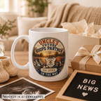 Close-up of Uncles Future Hoops Partner mug badge - vintage basketball scene with Team Uncle cap and Future Hoop Star onesie