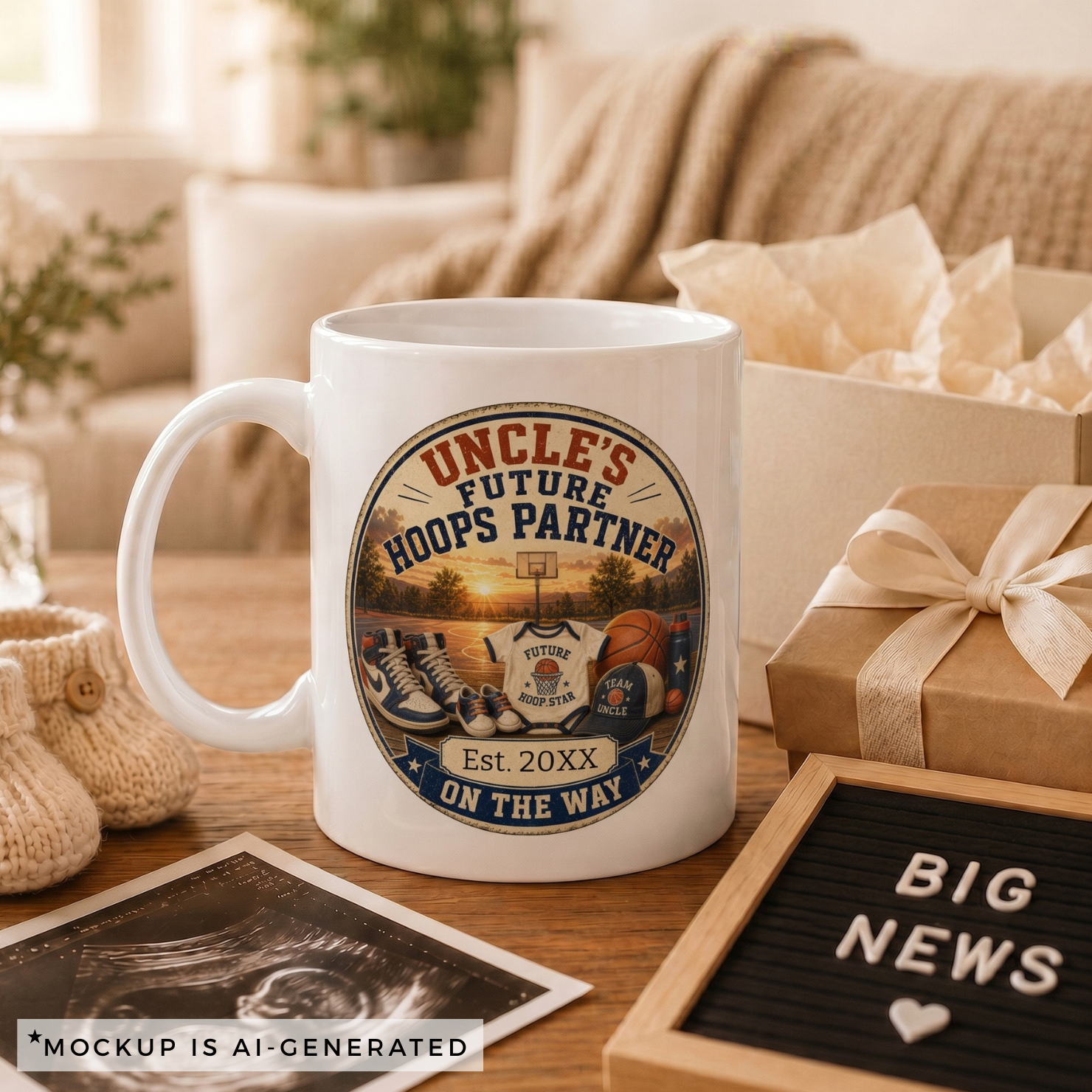 Close-up of Uncles Future Hoops Partner mug badge - vintage basketball scene with Team Uncle cap and Future Hoop Star onesie