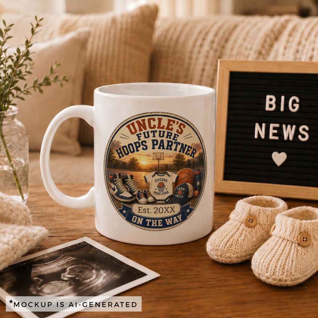 Pregnancy reveal mug for basketball uncle - Est 20XX On The Way circular badge design on white ceramic