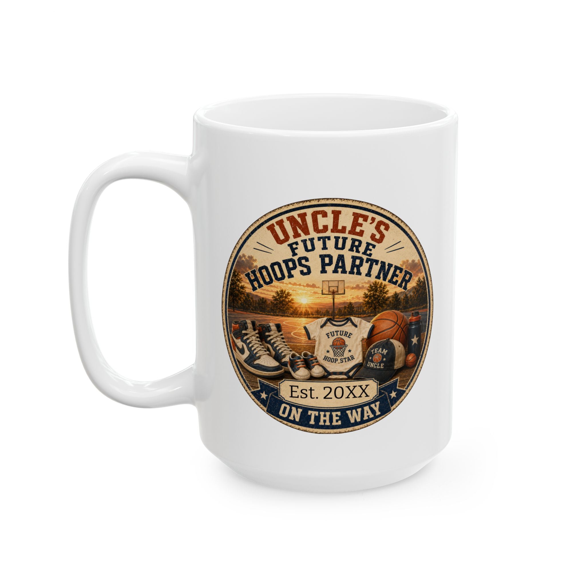 Uncles Future Hoops Partner mug in home setting - unique pregnancy reveal keepsake gift for basketball loving uncle